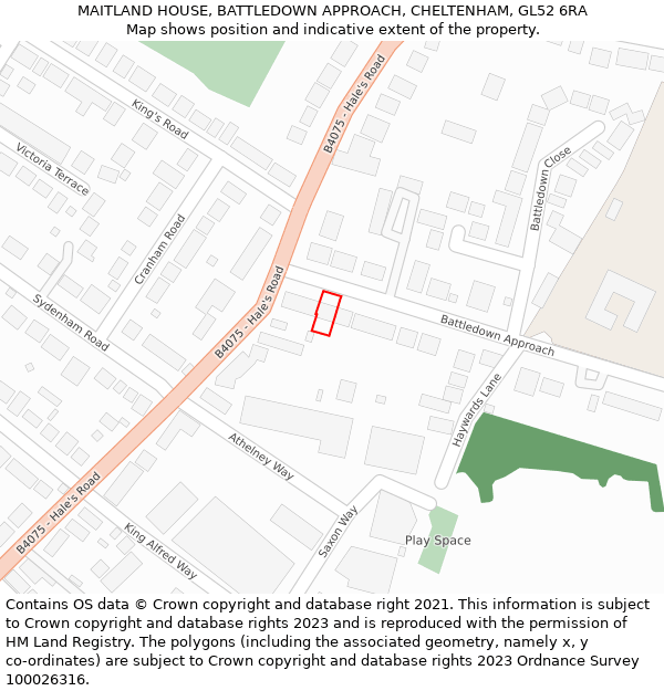MAITLAND HOUSE, BATTLEDOWN APPROACH, CHELTENHAM, GL52 6RA: Location map and indicative extent of plot