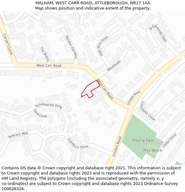 MALHAM, WEST CARR ROAD, ATTLEBOROUGH, NR17 1AA: Location map and indicative extent of plot