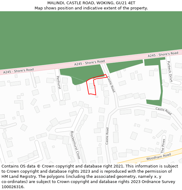 MALINDI, CASTLE ROAD, WOKING, GU21 4ET: Location map and indicative extent of plot