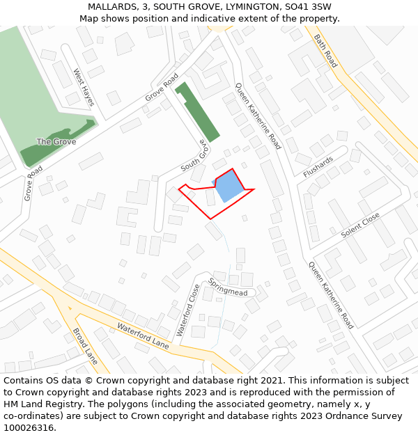 MALLARDS, 3, SOUTH GROVE, LYMINGTON, SO41 3SW: Location map and indicative extent of plot