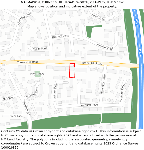 MALMAISON, TURNERS HILL ROAD, WORTH, CRAWLEY, RH10 4SW: Location map and indicative extent of plot