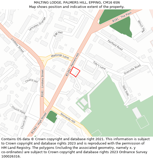 MALTING LODGE, PALMERS HILL, EPPING, CM16 6SN: Location map and indicative extent of plot