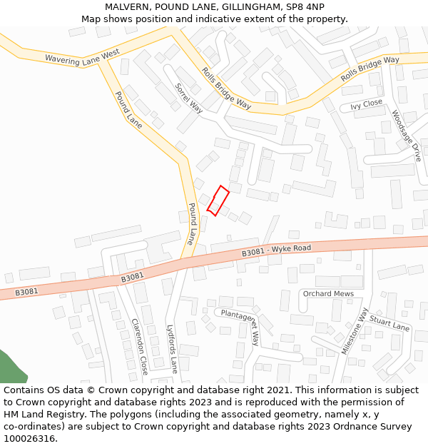 MALVERN, POUND LANE, GILLINGHAM, SP8 4NP: Location map and indicative extent of plot