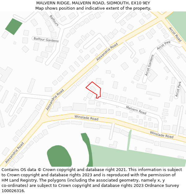 MALVERN RIDGE, MALVERN ROAD, SIDMOUTH, EX10 9EY: Location map and indicative extent of plot