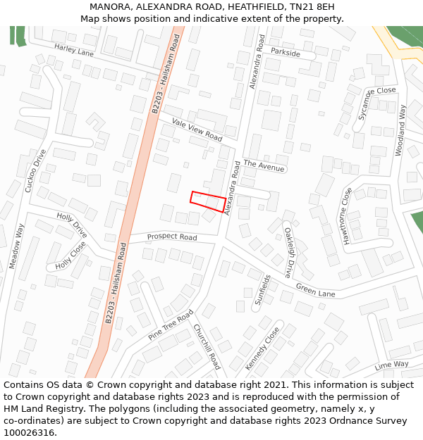 MANORA, ALEXANDRA ROAD, HEATHFIELD, TN21 8EH: Location map and indicative extent of plot