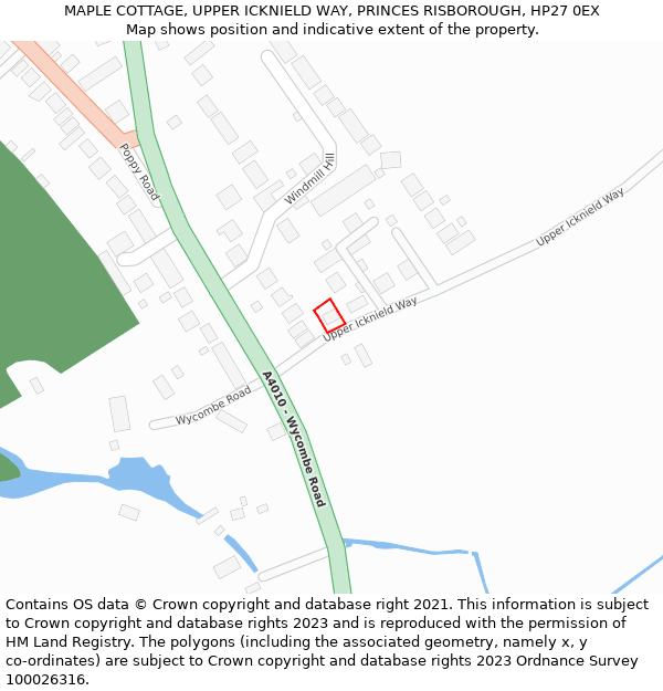 MAPLE COTTAGE, UPPER ICKNIELD WAY, PRINCES RISBOROUGH, HP27 0EX: Location map and indicative extent of plot