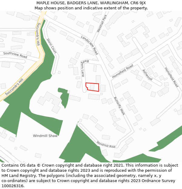 MAPLE HOUSE, BADGERS LANE, WARLINGHAM, CR6 9JX: Location map and indicative extent of plot