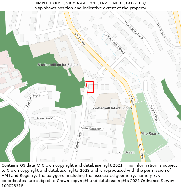 MAPLE HOUSE, VICARAGE LANE, HASLEMERE, GU27 1LQ: Location map and indicative extent of plot