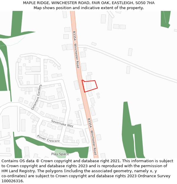 MAPLE RIDGE, WINCHESTER ROAD, FAIR OAK, EASTLEIGH, SO50 7HA: Location map and indicative extent of plot