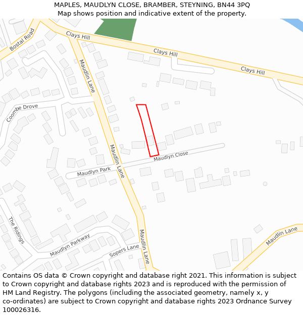MAPLES, MAUDLYN CLOSE, BRAMBER, STEYNING, BN44 3PQ: Location map and indicative extent of plot