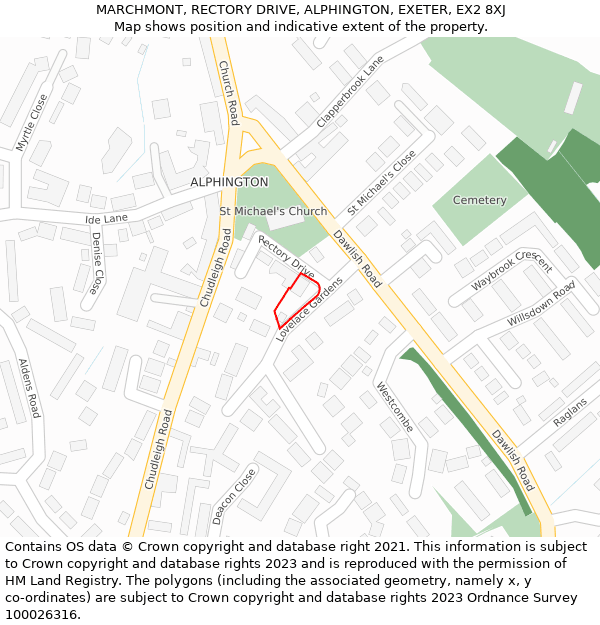 MARCHMONT, RECTORY DRIVE, ALPHINGTON, EXETER, EX2 8XJ: Location map and indicative extent of plot