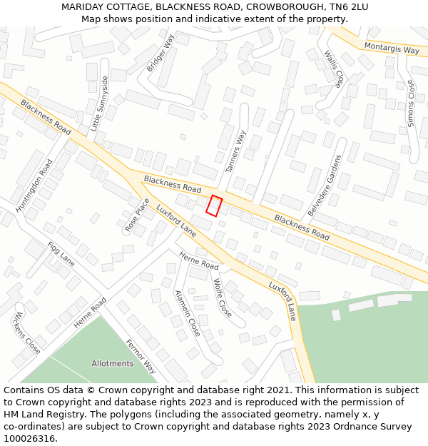 MARIDAY COTTAGE, BLACKNESS ROAD, CROWBOROUGH, TN6 2LU: Location map and indicative extent of plot