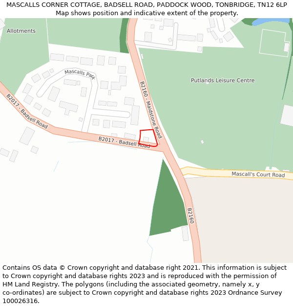 MASCALLS CORNER COTTAGE, BADSELL ROAD, PADDOCK WOOD, TONBRIDGE, TN12 6LP: Location map and indicative extent of plot