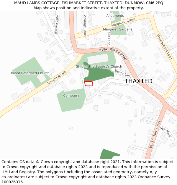 MAUD LAMBS COTTAGE, FISHMARKET STREET, THAXTED, DUNMOW, CM6 2PQ: Location map and indicative extent of plot