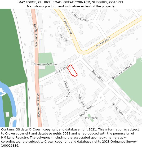 MAY FORGE, CHURCH ROAD, GREAT CORNARD, SUDBURY, CO10 0EL: Location map and indicative extent of plot