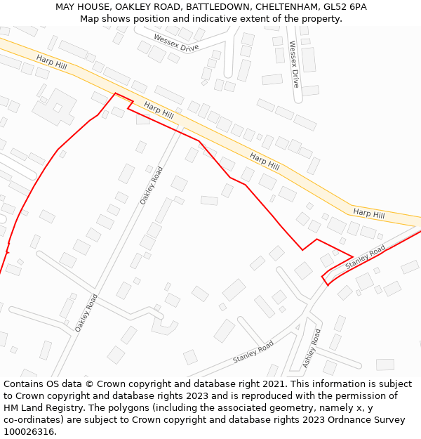 MAY HOUSE, OAKLEY ROAD, BATTLEDOWN, CHELTENHAM, GL52 6PA: Location map and indicative extent of plot