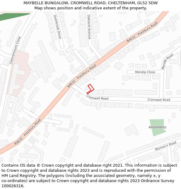 MAYBELLE BUNGALOW, CROMWELL ROAD, CHELTENHAM, GL52 5DW: Location map and indicative extent of plot