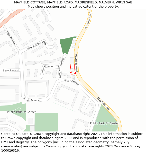 MAYFIELD COTTAGE, MAYFIELD ROAD, MADRESFIELD, MALVERN, WR13 5AE: Location map and indicative extent of plot