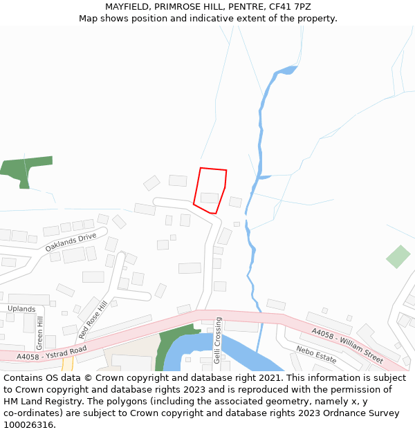 MAYFIELD, PRIMROSE HILL, PENTRE, CF41 7PZ: Location map and indicative extent of plot