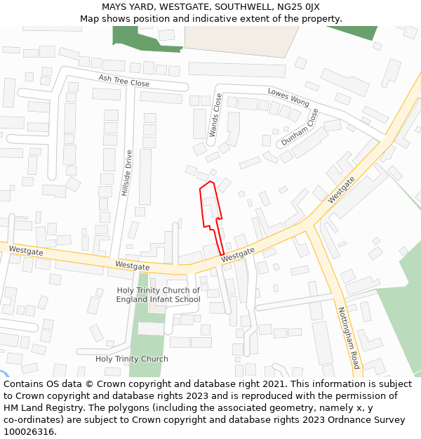 MAYS YARD, WESTGATE, SOUTHWELL, NG25 0JX: Location map and indicative extent of plot