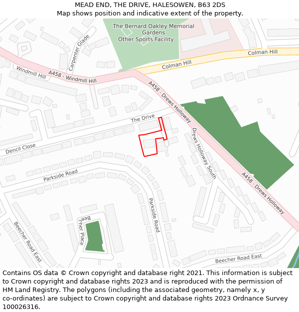 MEAD END, THE DRIVE, HALESOWEN, B63 2DS: Location map and indicative extent of plot