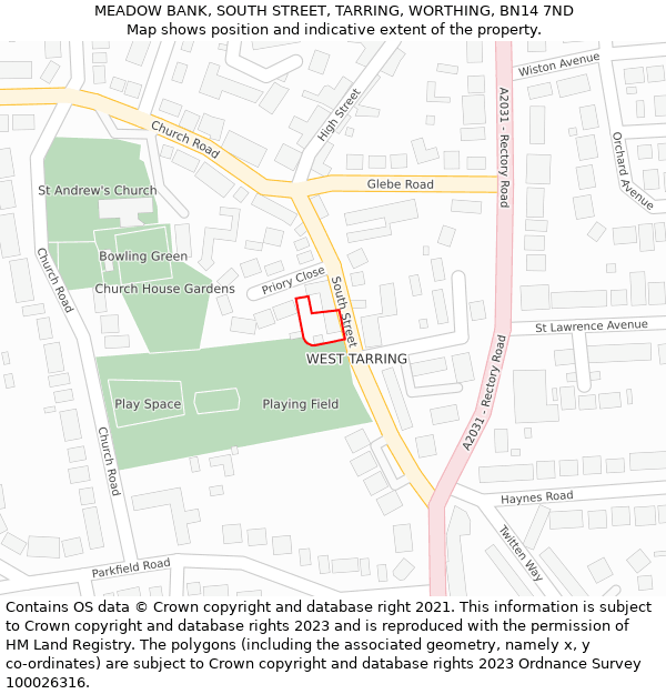 MEADOW BANK, SOUTH STREET, TARRING, WORTHING, BN14 7ND: Location map and indicative extent of plot