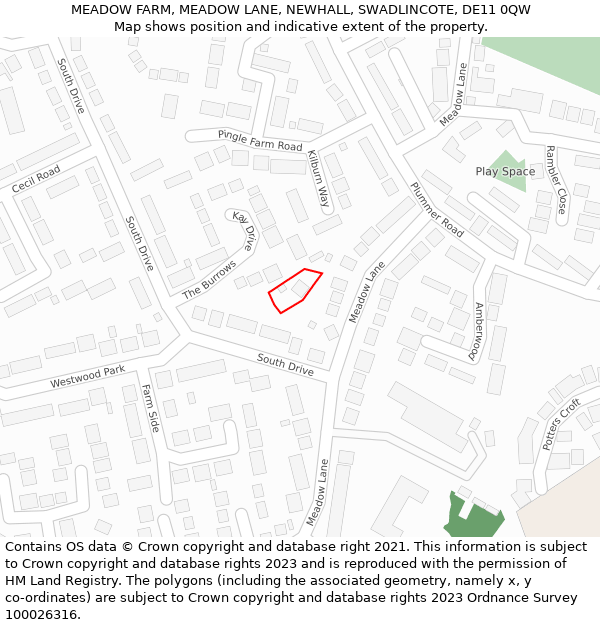 MEADOW FARM, MEADOW LANE, NEWHALL, SWADLINCOTE, DE11 0QW: Location map and indicative extent of plot