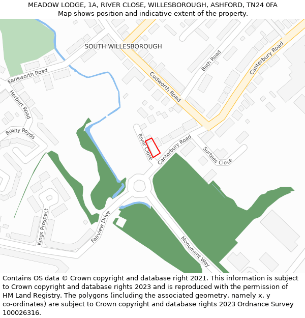 MEADOW LODGE, 1A, RIVER CLOSE, WILLESBOROUGH, ASHFORD, TN24 0FA: Location map and indicative extent of plot