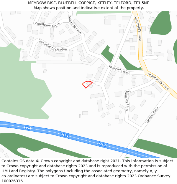 MEADOW RISE, BLUEBELL COPPICE, KETLEY, TELFORD, TF1 5NE: Location map and indicative extent of plot