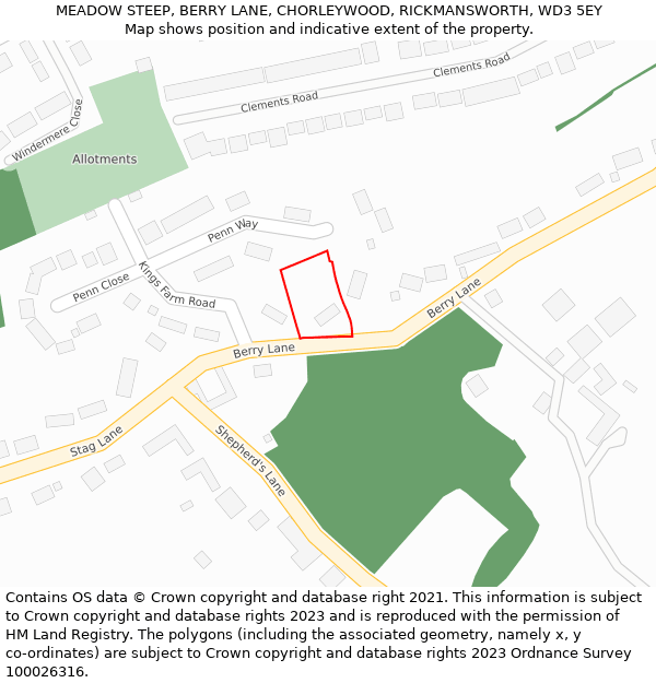MEADOW STEEP, BERRY LANE, CHORLEYWOOD, RICKMANSWORTH, WD3 5EY: Location map and indicative extent of plot