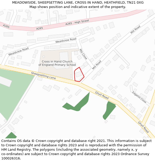 MEADOWSIDE, SHEEPSETTING LANE, CROSS IN HAND, HEATHFIELD, TN21 0XG: Location map and indicative extent of plot