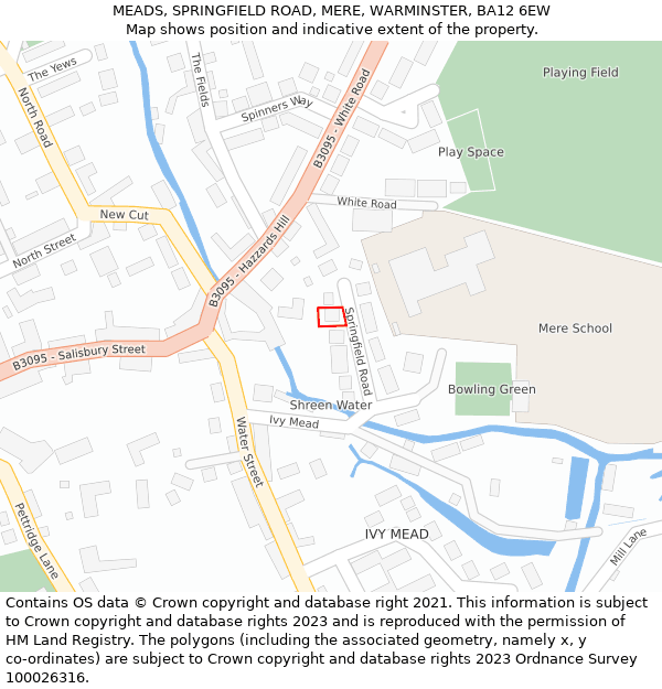 MEADS, SPRINGFIELD ROAD, MERE, WARMINSTER, BA12 6EW: Location map and indicative extent of plot