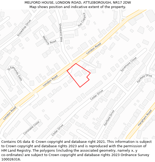 MELFORD HOUSE, LONDON ROAD, ATTLEBOROUGH, NR17 2DW: Location map and indicative extent of plot