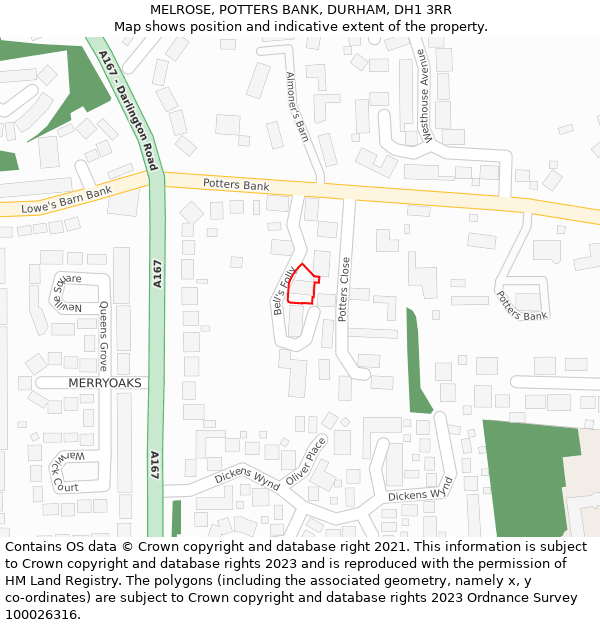 MELROSE, POTTERS BANK, DURHAM, DH1 3RR: Location map and indicative extent of plot