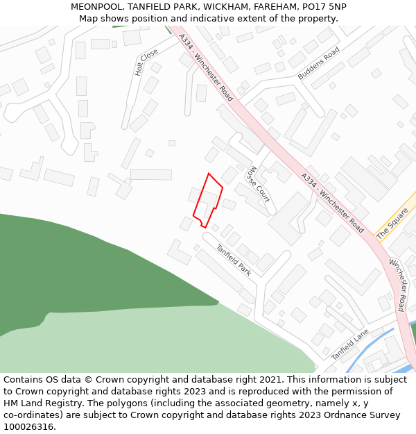 MEONPOOL, TANFIELD PARK, WICKHAM, FAREHAM, PO17 5NP: Location map and indicative extent of plot