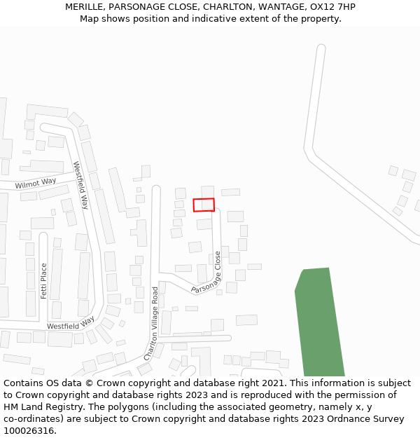 MERILLE, PARSONAGE CLOSE, CHARLTON, WANTAGE, OX12 7HP: Location map and indicative extent of plot