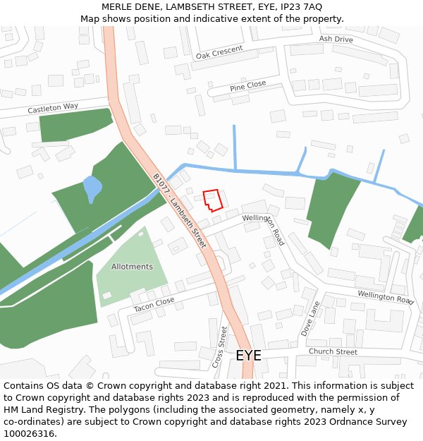 MERLE DENE, LAMBSETH STREET, EYE, IP23 7AQ: Location map and indicative extent of plot