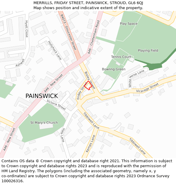 MERRILLS, FRIDAY STREET, PAINSWICK, STROUD, GL6 6QJ: Location map and indicative extent of plot