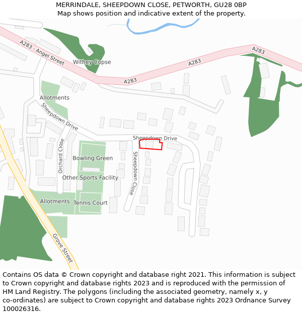 MERRINDALE, SHEEPDOWN CLOSE, PETWORTH, GU28 0BP: Location map and indicative extent of plot