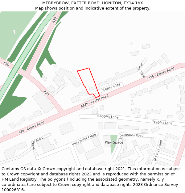 MERRYBROW, EXETER ROAD, HONITON, EX14 1AX: Location map and indicative extent of plot