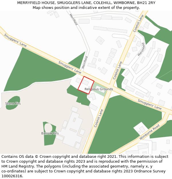 MERRYFIELD HOUSE, SMUGGLERS LANE, COLEHILL, WIMBORNE, BH21 2RY: Location map and indicative extent of plot