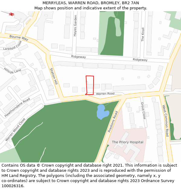 MERRYLEAS, WARREN ROAD, BROMLEY, BR2 7AN: Location map and indicative extent of plot