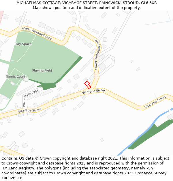 MICHAELMAS COTTAGE, VICARAGE STREET, PAINSWICK, STROUD, GL6 6XR: Location map and indicative extent of plot