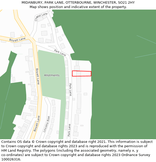 MIDANBURY, PARK LANE, OTTERBOURNE, WINCHESTER, SO21 2HY: Location map and indicative extent of plot