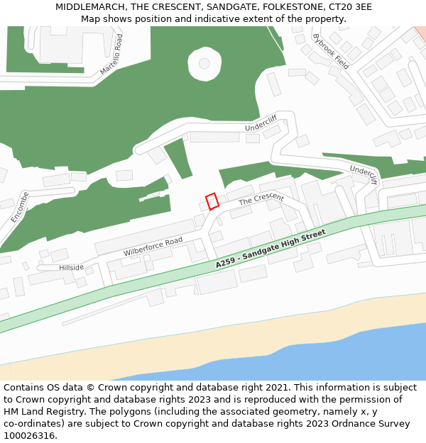 MIDDLEMARCH, THE CRESCENT, SANDGATE, FOLKESTONE, CT20 3EE: Location map and indicative extent of plot