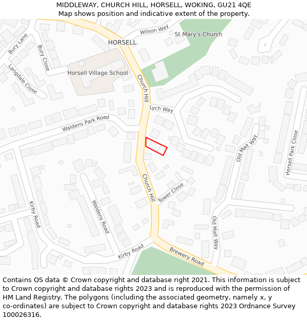 MIDDLEWAY, CHURCH HILL, HORSELL, WOKING, GU21 4QE: Location map and indicative extent of plot