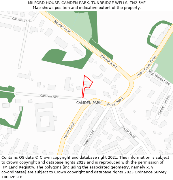 MILFORD HOUSE, CAMDEN PARK, TUNBRIDGE WELLS, TN2 5AE: Location map and indicative extent of plot