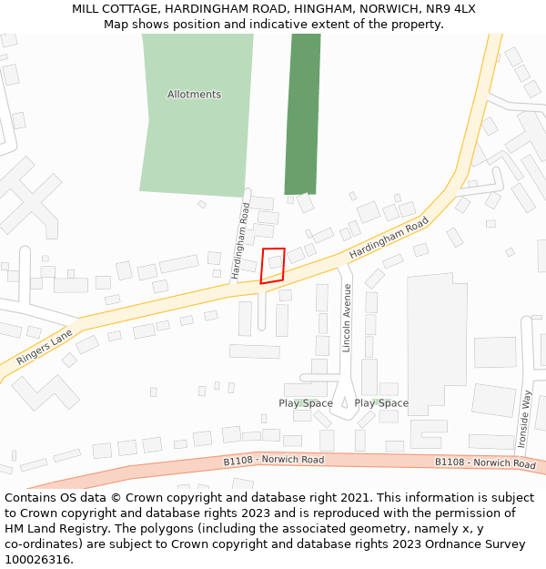 MILL COTTAGE, HARDINGHAM ROAD, HINGHAM, NORWICH, NR9 4LX: Location map and indicative extent of plot