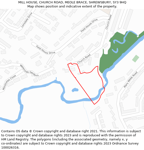 MILL HOUSE, CHURCH ROAD, MEOLE BRACE, SHREWSBURY, SY3 9HQ: Location map and indicative extent of plot