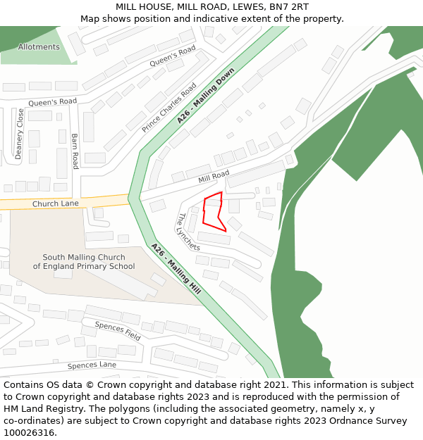MILL HOUSE, MILL ROAD, LEWES, BN7 2RT: Location map and indicative extent of plot